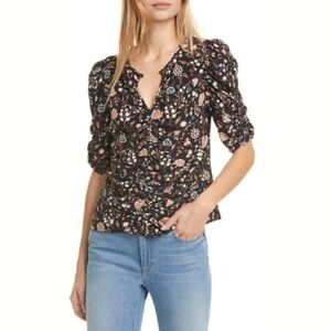 Frame NWT Women's Kate Black Floral Silk Ruched Top